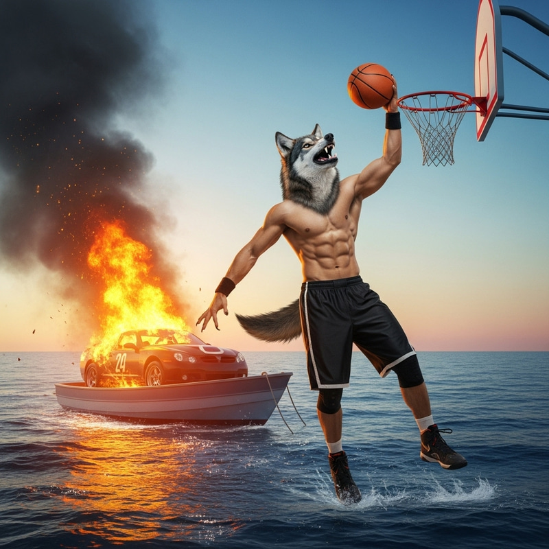 Wolf Car Racer Dunking Basketball in Ocean | Unique Athlete Scene Wolf Car Racer Dunking Basketball in Ocean | Unique Athlete Scene