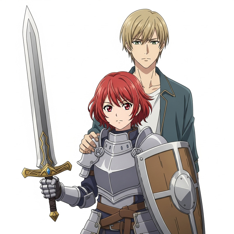 Red-Haired Girl with Sword, Shield Protects Male Companion Red-Haired Girl with Sword, Shield Protects Male Companion