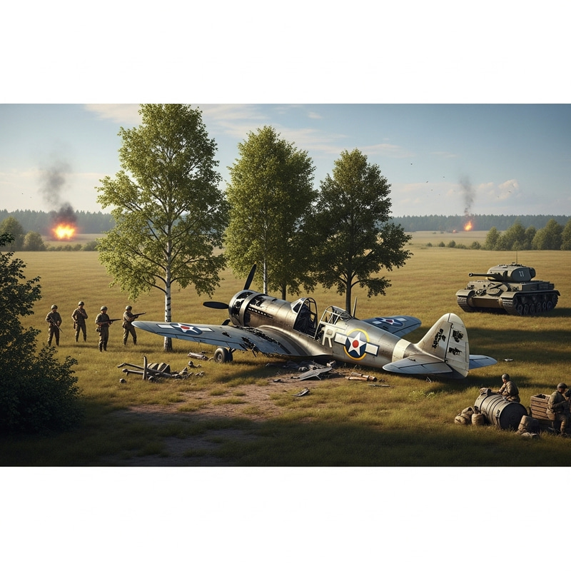 Destroyed Field with Soldiers, Tank, and Explosion Scene