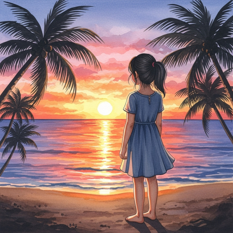 Asian Girl Watching Sunset in Watercolor Art Asian Girl Watching Sunset in Watercolor Art