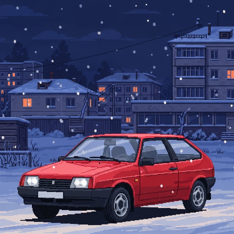 Cherry LADA 2109 in Russian Town Winter Midnight Cherry LADA 2109 in Russian Town Winter Midnight