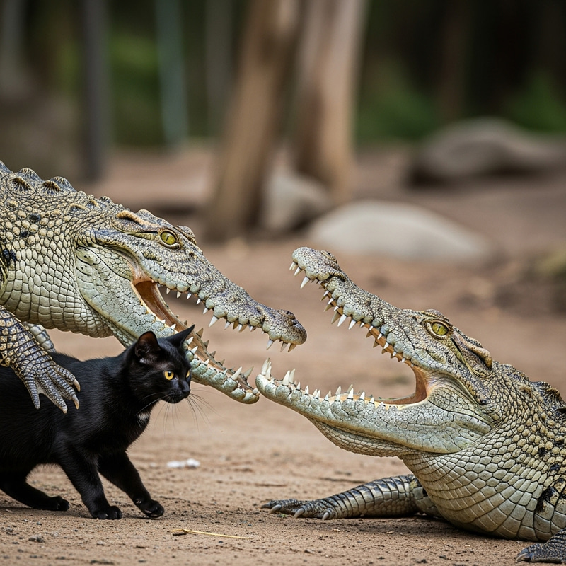 Brave Domestic Cat Shadow Faces Off Against Threatening Crocodile