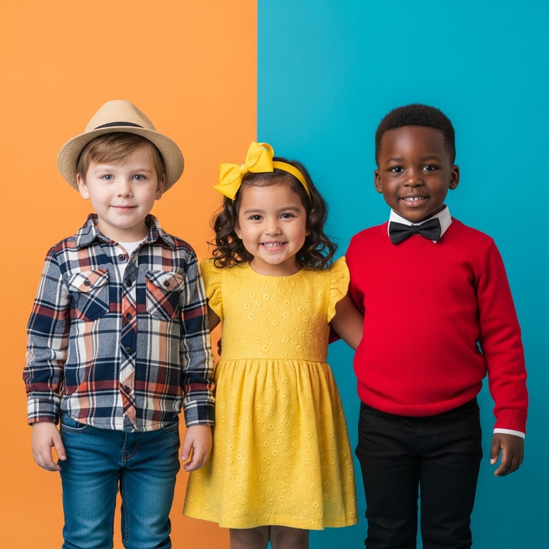 3 Fashionable Kids Standing Joyously | Bright Attire