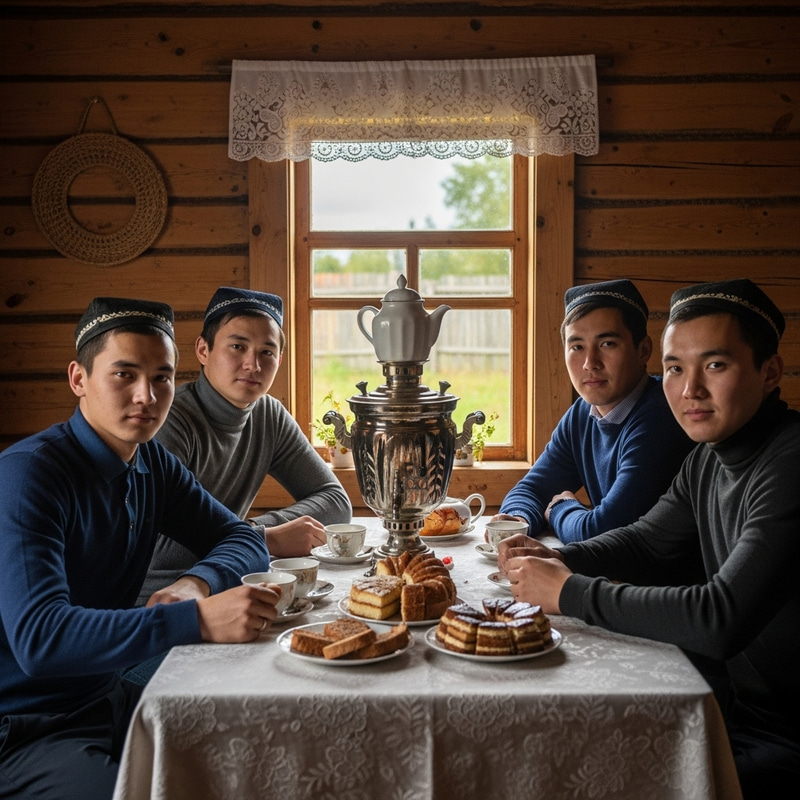Tatar Men Savoring Tea and Cakes by Samovar in Village House Tatar Men Savoring Tea and Cakes by Samovar in Village House