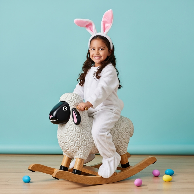 Girl Easter Bunny Riding Rocking Sheep