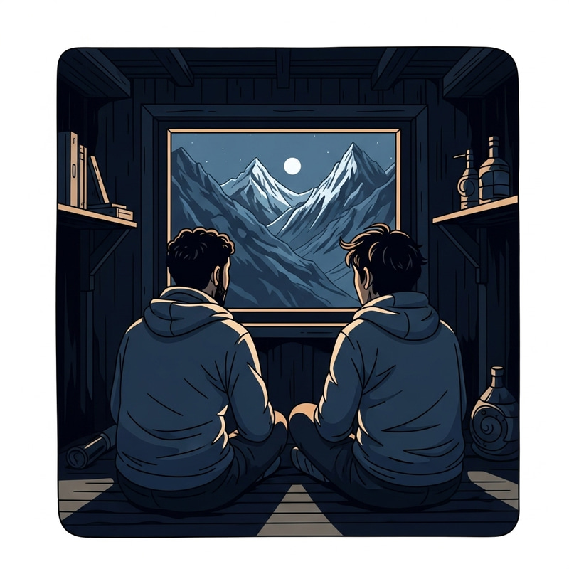 Night Scene: Two Men in Mountain Hut, Himalayan View Night Scene: Two Men in Mountain Hut, Himalayan View