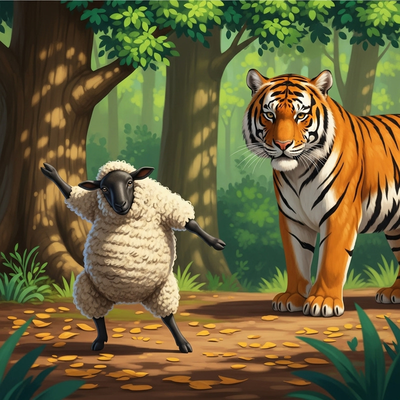 Dancing Sheep and Majestic Tiger in Enchanting Forest Dancing Sheep and Majestic Tiger in Enchanting Forest
