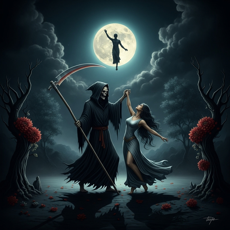 Grim Reaper's Haunting Dance in Celestial Moonlight | Surreal Whimsigoth Art Grim Reaper's Haunting Dance in Celestial Moonlight | Surreal Whimsigoth Art
