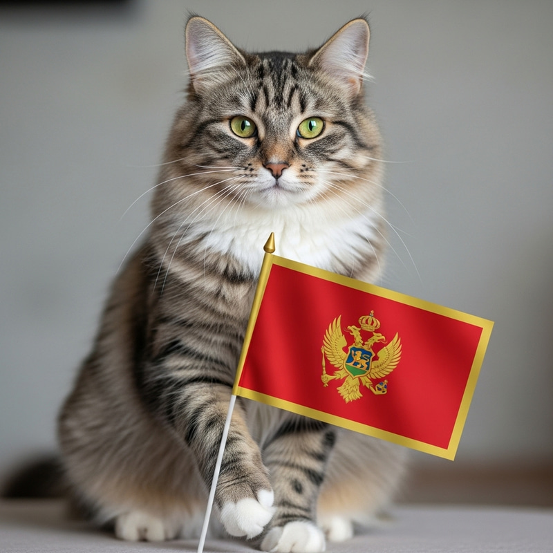 Adorable Siberian Cat with Montenegro Flag