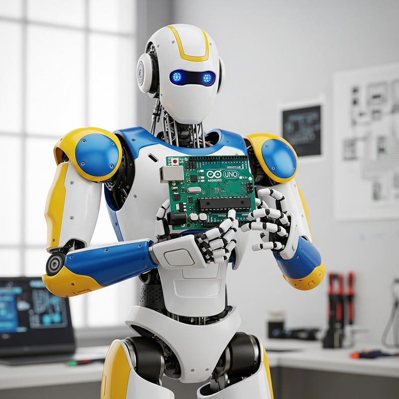 Full-Body Robot with Arduino Board and Color Scheme in White, Yellow, and Blue Full-Body Robot with Arduino Board and Color Scheme in White, Yellow, and Blue