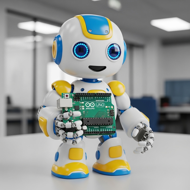 Child-like Robot with Arduino Board in White, Yellow, and Blue
