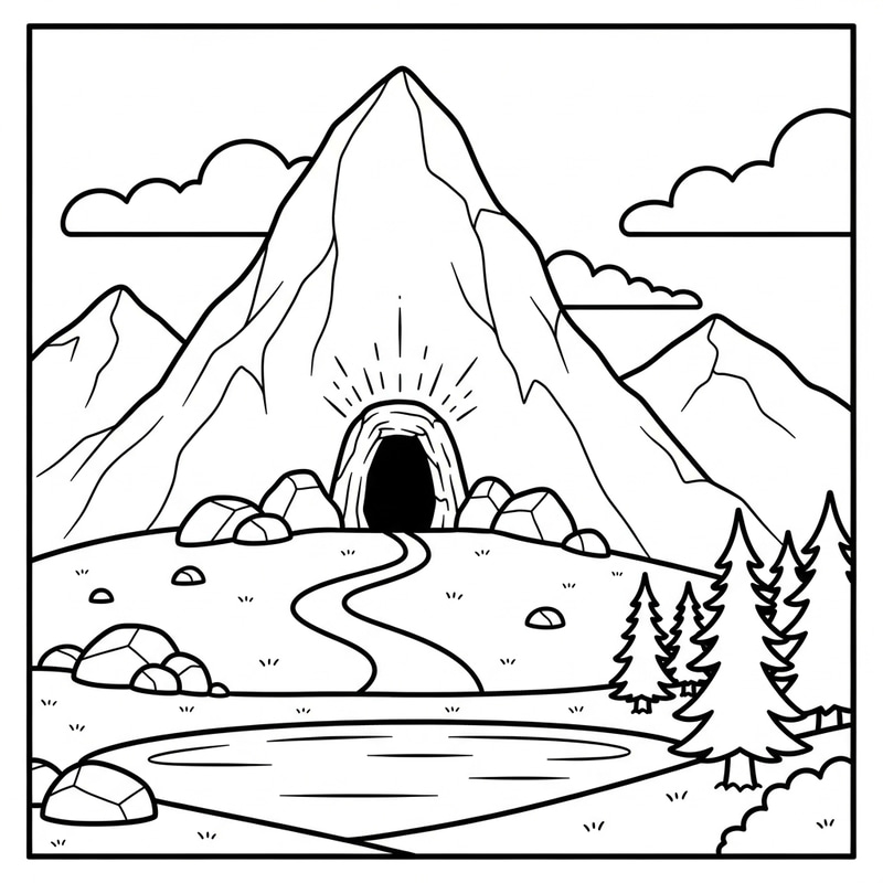 Mountain Cave Coloring Page for Kids, 10-Year-Olds Mountain Cave Coloring Page for Kids, 10-Year-Olds