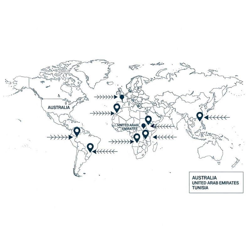 Visual World Map of Office Locations: Australia, France, UAE, Tunisia Visual World Map of Office Locations: Australia, France, UAE, Tunisia