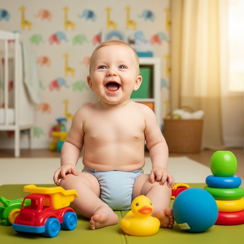 Happy Caucasian Baby Boy in Blue Diaper | Nursery Room Toys Happy Caucasian Baby Boy in Blue Diaper | Nursery Room Toys