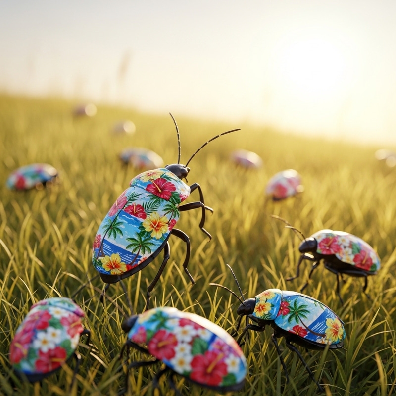 Intricate Bugs in Hawaiian Shirts on a Sunny Meadow