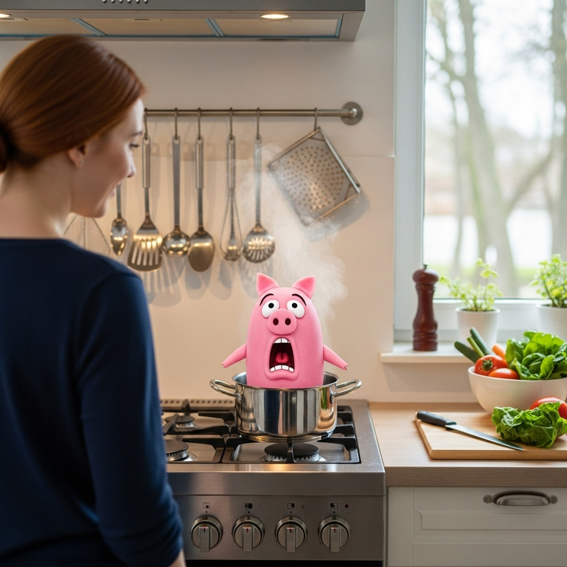 Humorous Vegetable Cooking Scene: Red-Haired Woman Prepares Dish Humorous Vegetable Cooking Scene: Red-Haired Woman Prepares Dish