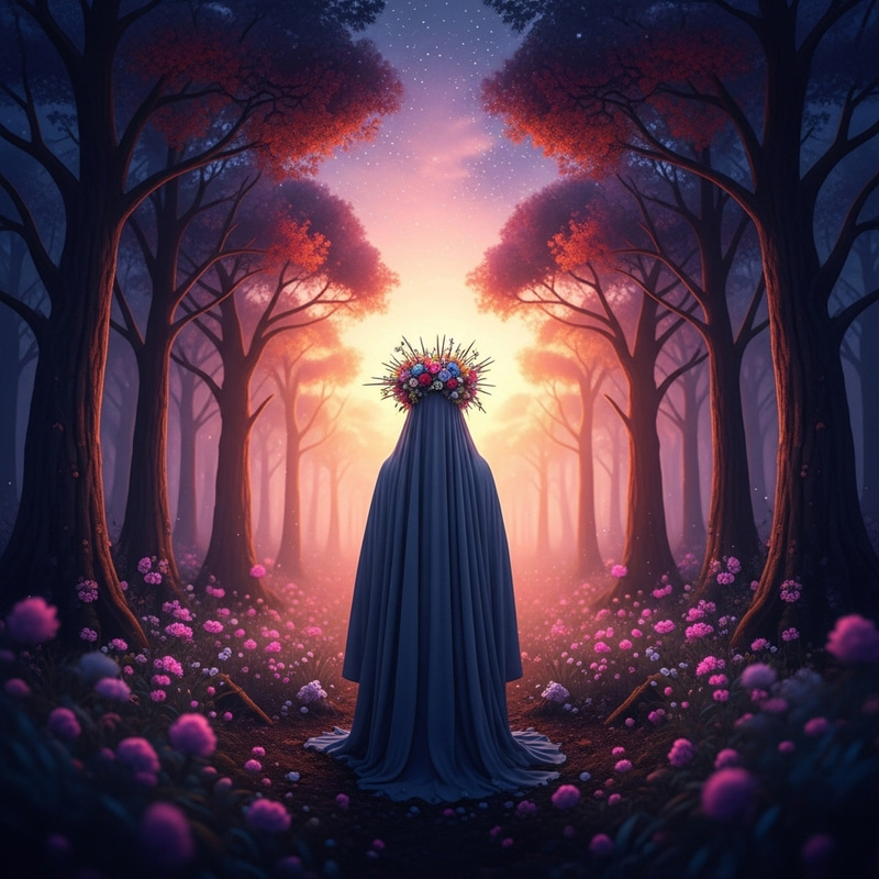 Enchanting Forest Scene at Dusk: Mysterious Figure & Blooming Flowers Enchanting Forest Scene at Dusk: Mysterious Figure & Blooming Flowers
