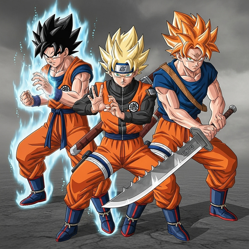 Goku, Naruto, Ichigo: Powerful Anime Trio in Heroic Poses Goku, Naruto, Ichigo: Powerful Anime Trio in Heroic Poses