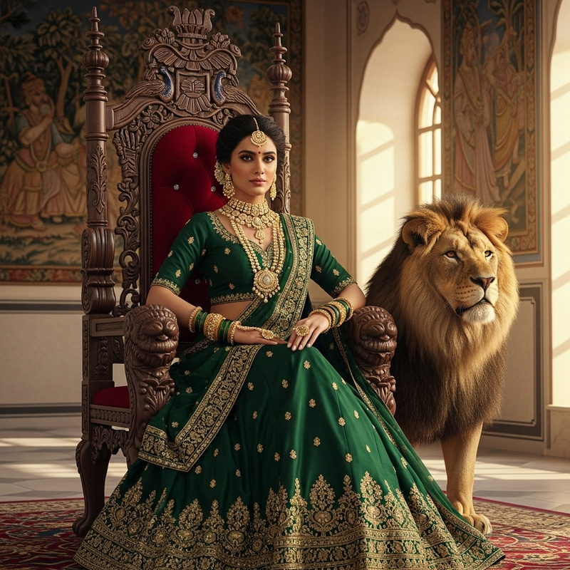 Graceful South Asian Woman and Majestic Lion on Throne
