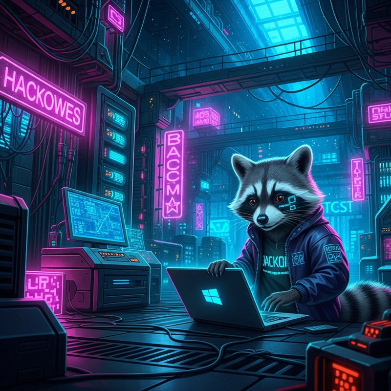 Neon Cyberpunk Data Center with Mischievous Raccoon