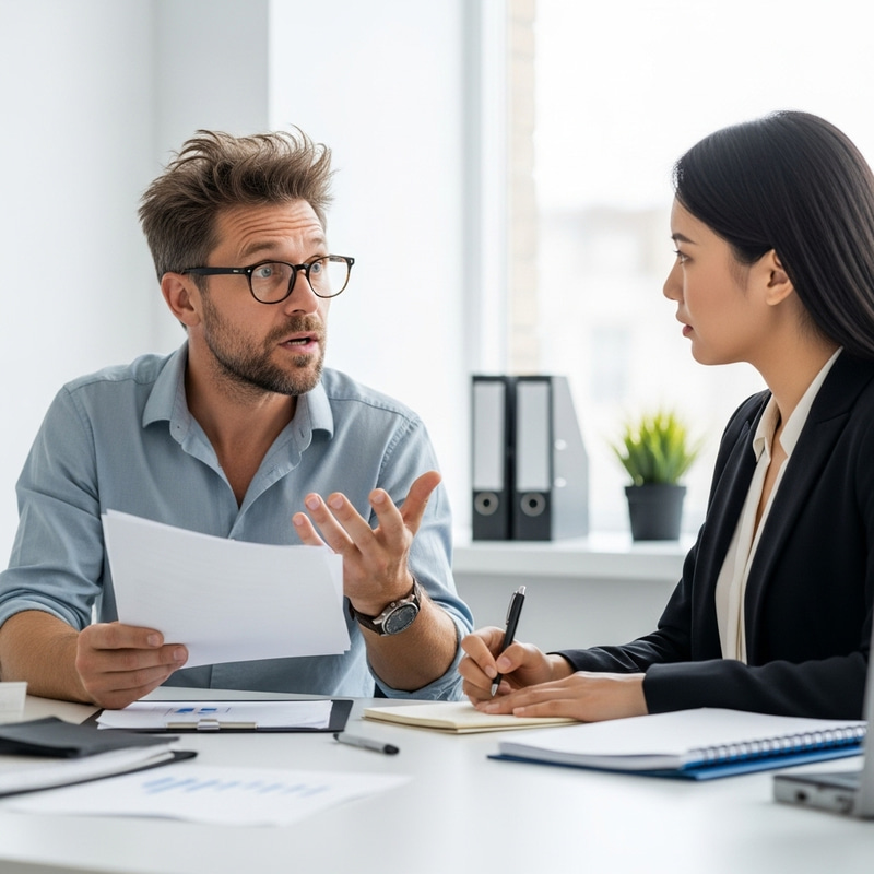 Slightly Frazzled Man Helping Asian Woman: Office Collaboration Slightly Frazzled Man Helping Asian Woman: Office Collaboration