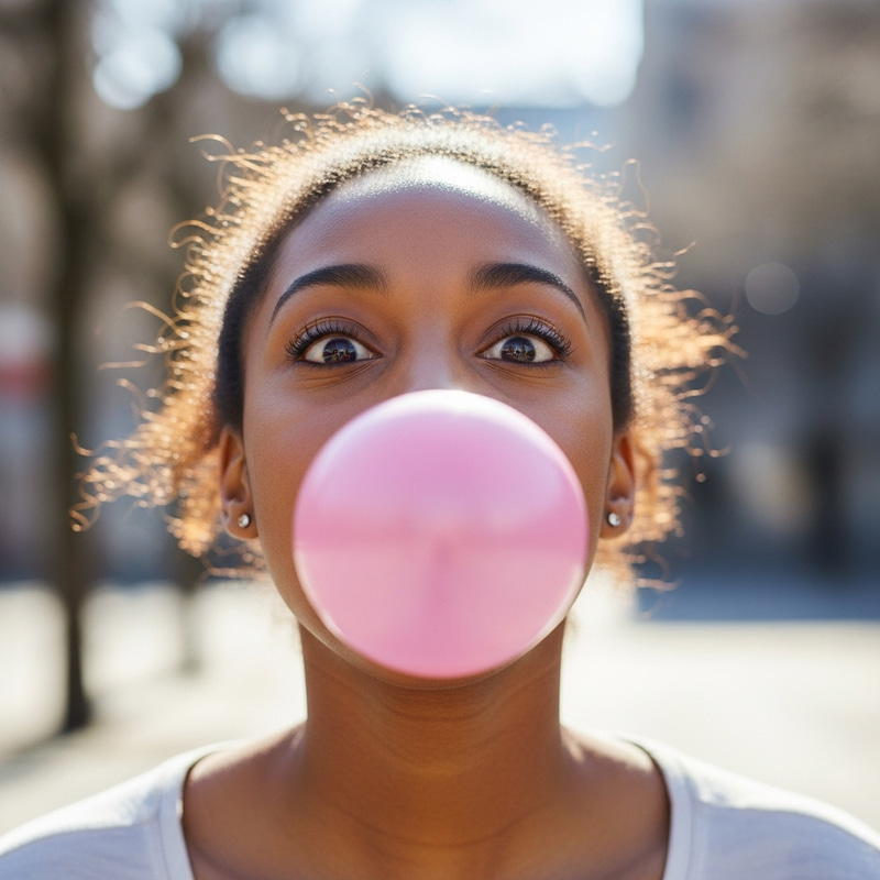 Young Black Woman Blowing Chewing Gum Bubble
