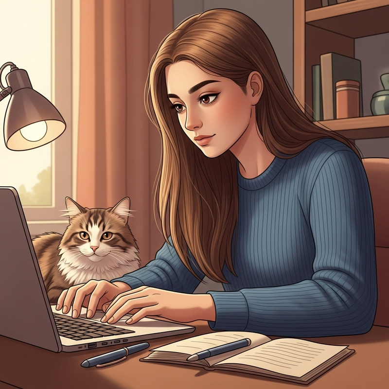 Girl Writing Content with Cat | Website Name Girl Writing Content with Cat | Website Name