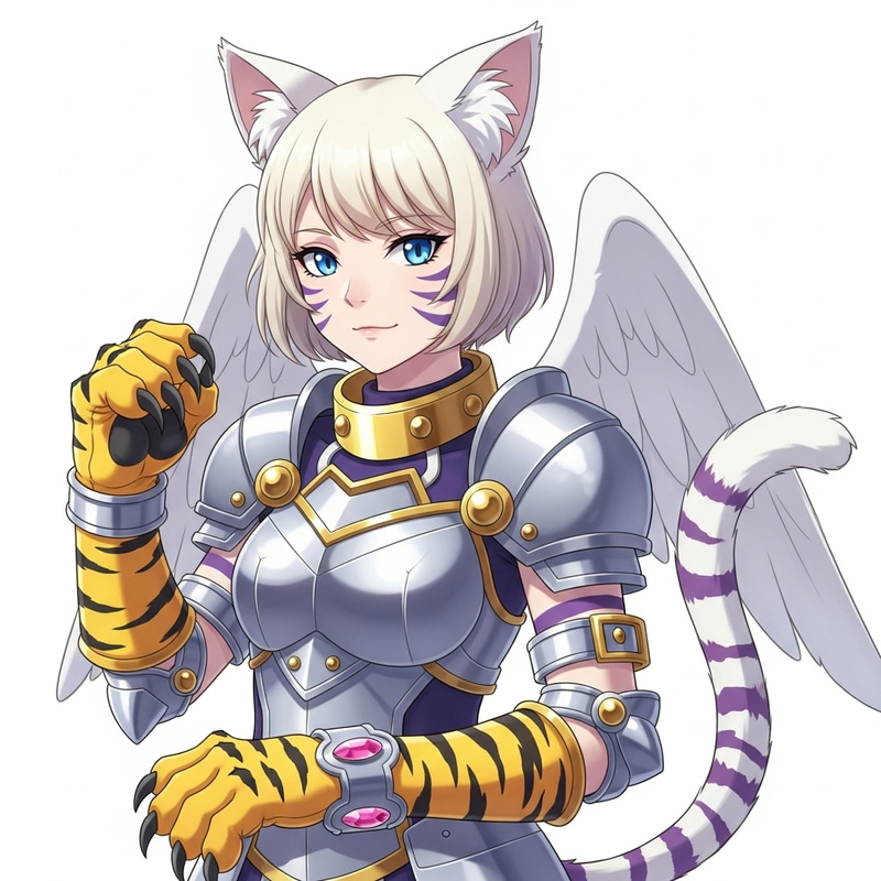 Anime White Feline Anthro with Purple Details | Digimon Style