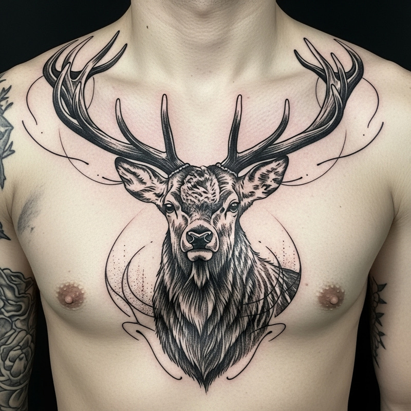 Elegant Stag Chest Tattoo Design in Black Ink