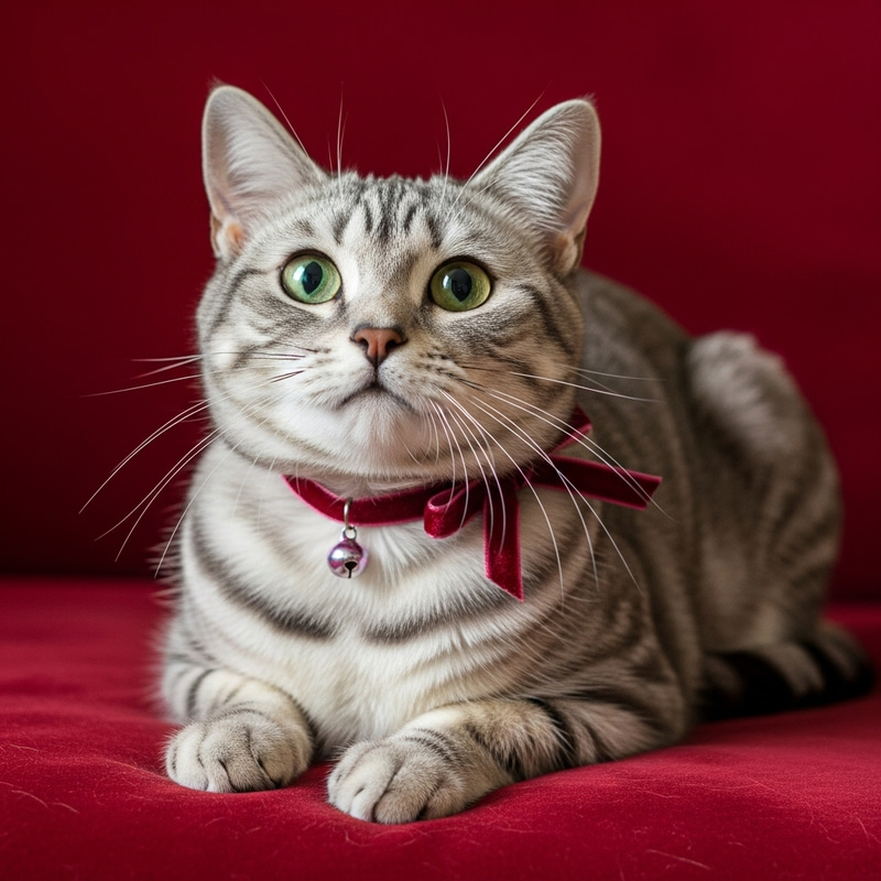 Luxurious Grey and White Striped Domestic Feline on Plush Red Cushion Luxurious Grey and White Striped Domestic Feline on Plush Red Cushion