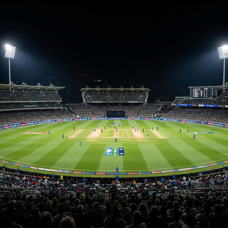 Night View of Cricket Stadium: Spectators and Players under the Stars Night View of Cricket Stadium: Spectators and Players under the Stars