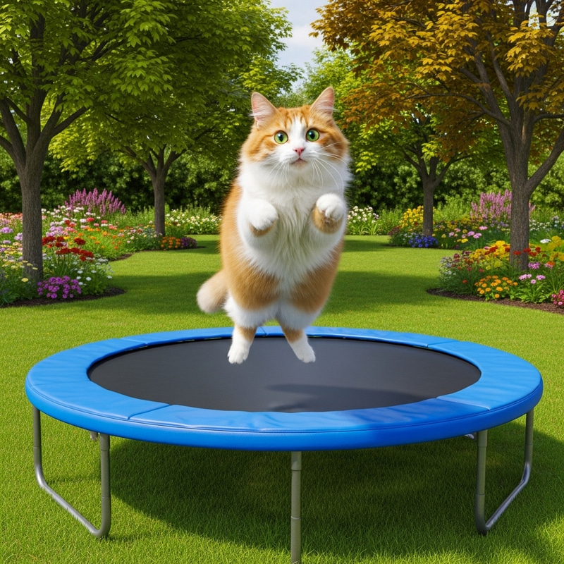 Playful Fluffy Cat Jumping on Trampoline - Joyful Moment Captured Playful Fluffy Cat Jumping on Trampoline - Joyful Moment Captured