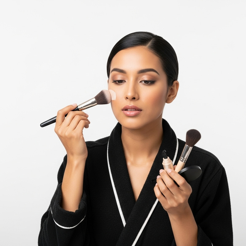 Realistic Makeup: Young Woman Applying with White Wall Background Realistic Makeup: Young Woman Applying with White Wall Background