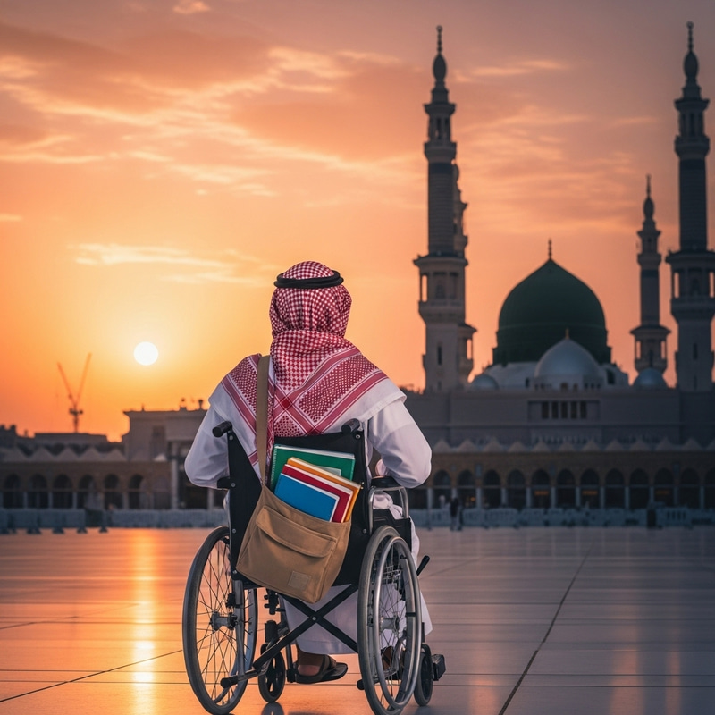 Serenity and Devotion: Middle Eastern Student in Wheelchair at Great Mosque of Mecca Serenity and Devotion: Middle Eastern Student in Wheelchair at Great Mosque of Mecca