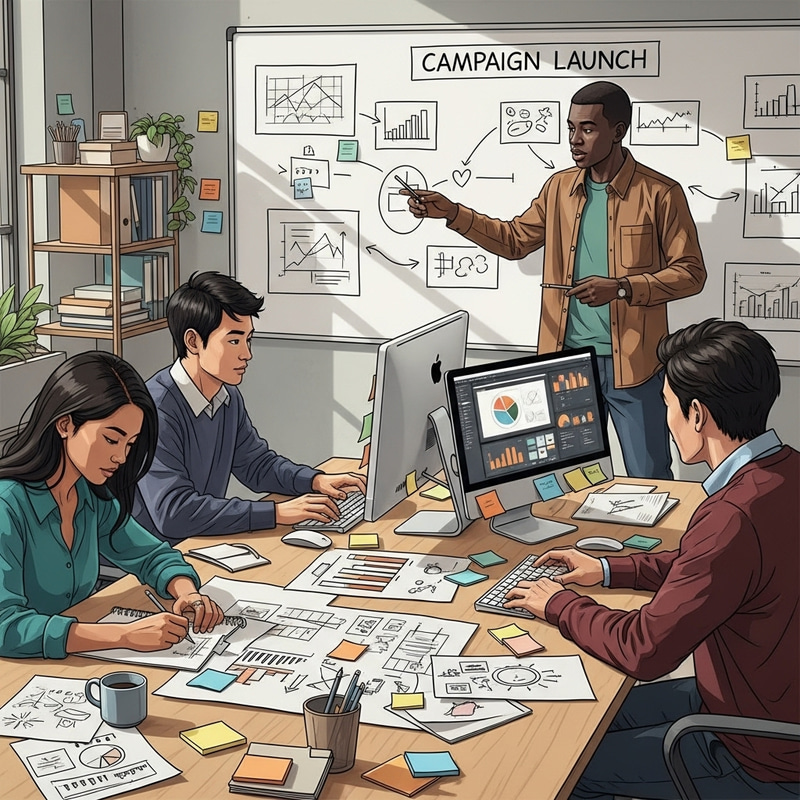 Creative Team Brainstorming and Designing for Campaign Launch Creative Team Brainstorming and Designing for Campaign Launch