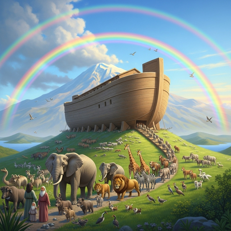 Happy Saturday: Noah's Arrival at Mount Ararat with Ark - Blissful Biodiversity Scene Happy Saturday: Noah's Arrival at Mount Ararat with Ark - Blissful Biodiversity Scene