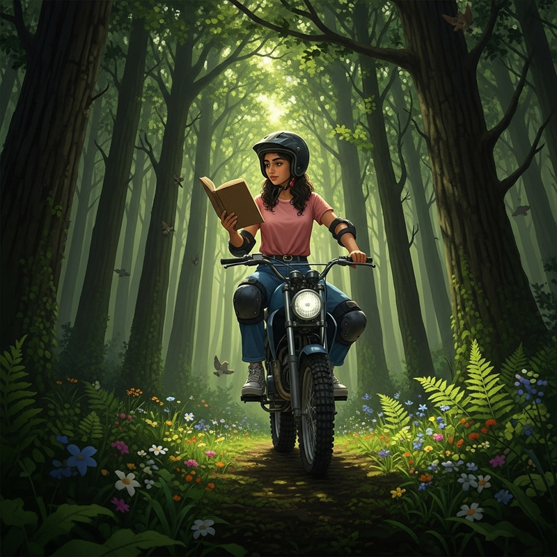 Middle-Eastern Girl on Motorcycle in Enchanted Forest | Artwork