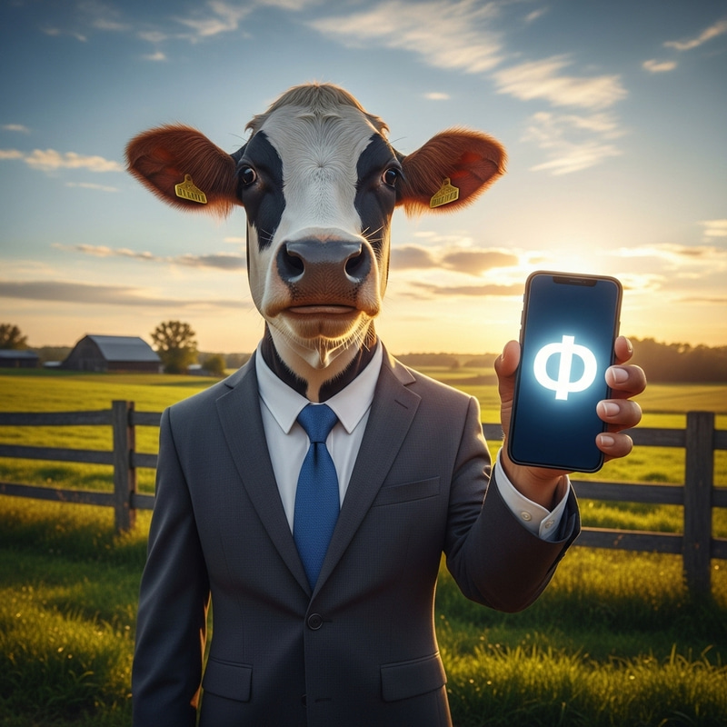 Joyful Cow Wearing Stylish Suit Holding Smartphone with Æ Joyful Cow Wearing Stylish Suit Holding Smartphone with Æ