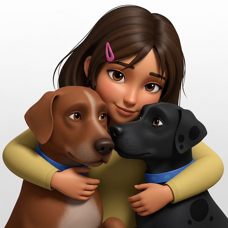 Pixar Style Image of Brown-Haired Girl Embracing Cafe and Black Dogs