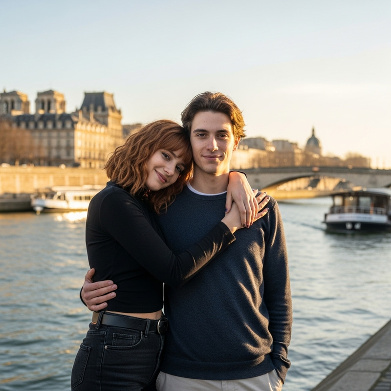 Colombian Girl with Copper Hair & French Boy by Seine River | Paris