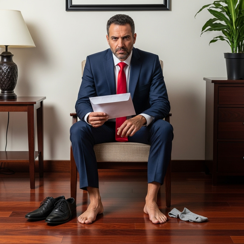 Middle Eastern Businessman in Navy Suit Holding Envelope - Unique Barefoot Image