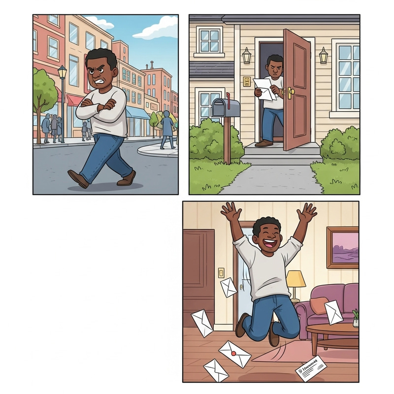 Black Man's Emotional Transformation: Walking, Opening Mail, Joyful Jump