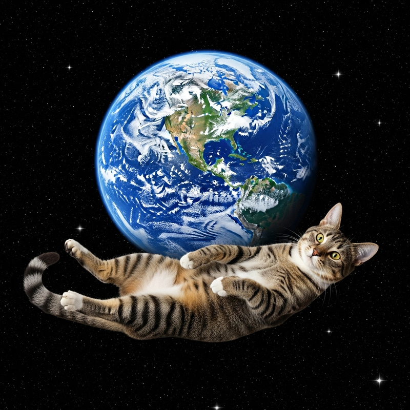 Cute Cat and Earth in Cosmic Illustration