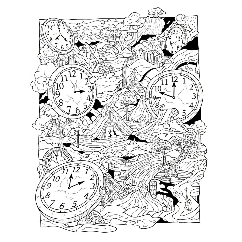 Warped Time & Place: Surreal Nature Scene with Fragmented Clocks