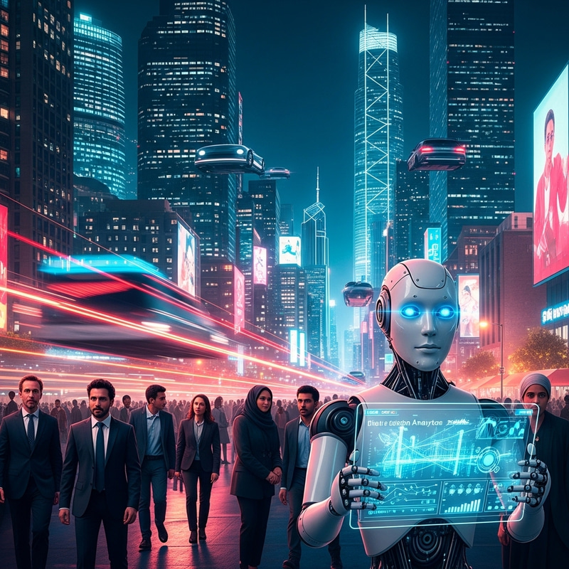 Future Cityscape with Advanced Humanoid Robot and Digital Data Table