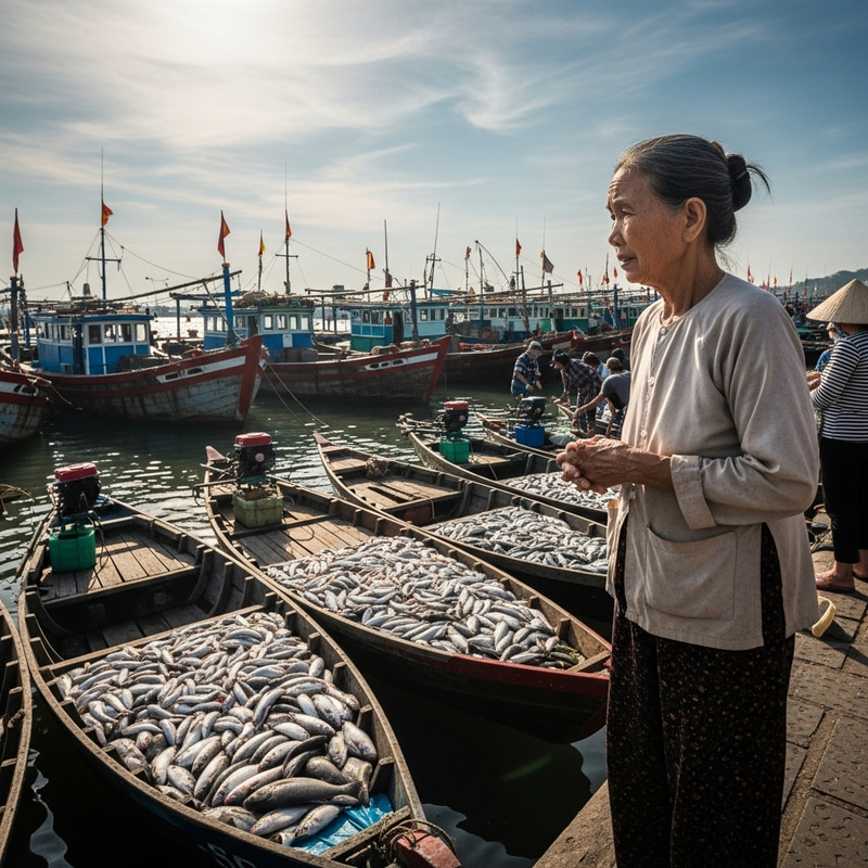 Vietnamese Woman Considering Buying Fish at Busy Fishing Harbor Vietnamese Woman Considering Buying Fish at Busy Fishing Harbor