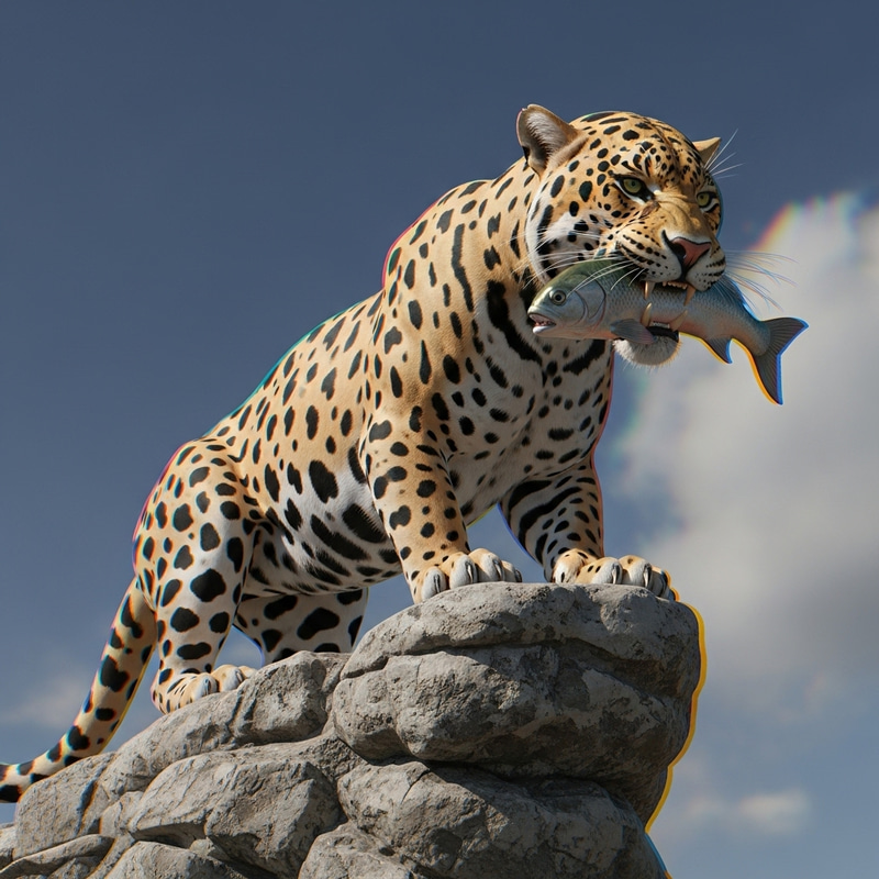 3D Holographic Cat with Fresh Fish - Arrogant Look on Rock 3D Holographic Cat with Fresh Fish - Arrogant Look on Rock