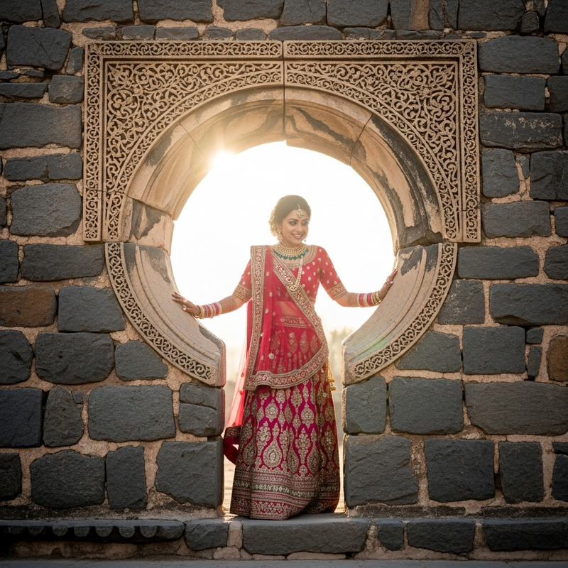South-Asian Bride Exiting Ancient Stone Wall | Ethereal Wedding Moment South-Asian Bride Exiting Ancient Stone Wall | Ethereal Wedding Moment