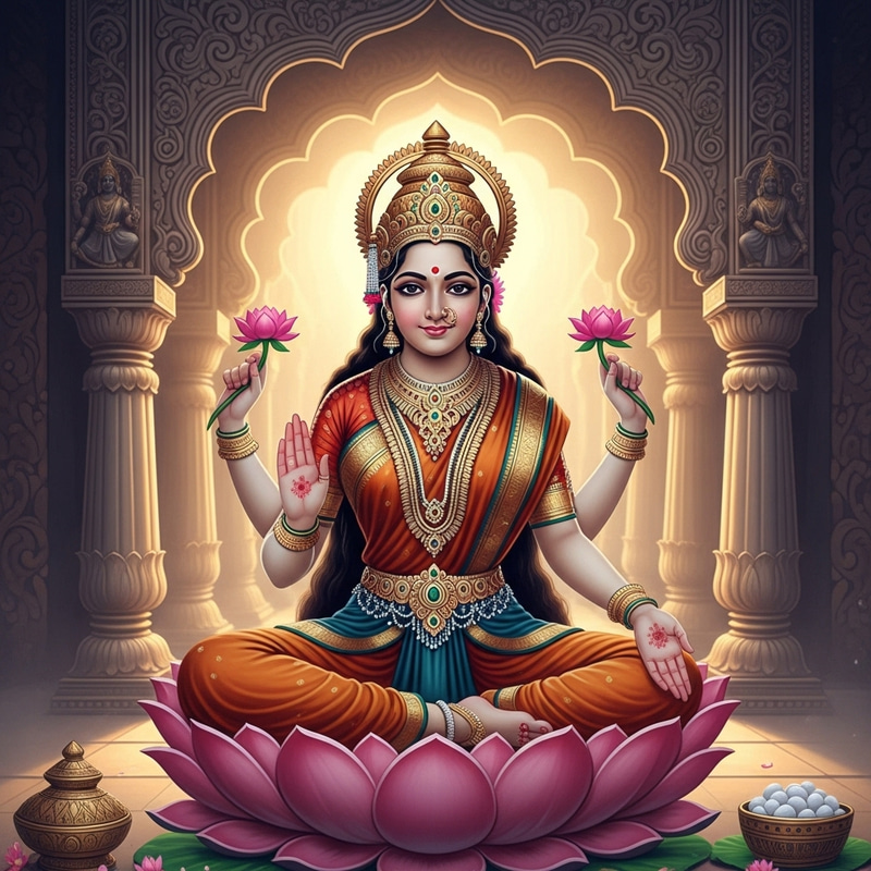 Serene Lotus Seated Goddess Lakshmi: Majestic Depiction Serene Lotus Seated Goddess Lakshmi: Majestic Depiction
