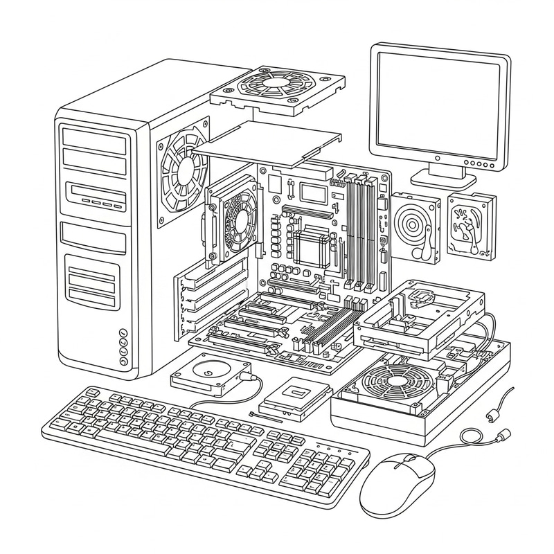 Computer & Parts Coloring Page | Detailed Mainframe Components Computer & Parts Coloring Page | Detailed Mainframe Components